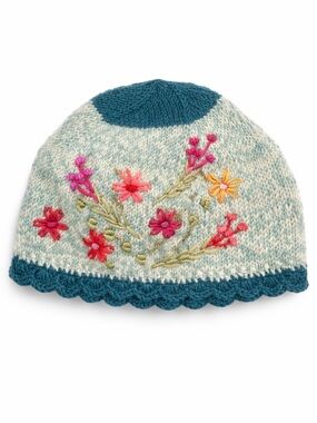 NWT Hand-Knit Floral Embroidered Beanie in Teal and Cream